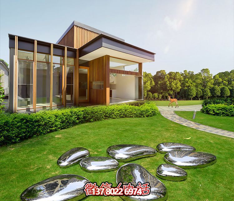 高端室內(nèi)草坪裝飾，不銹鋼雕塑鏡面石頭安放