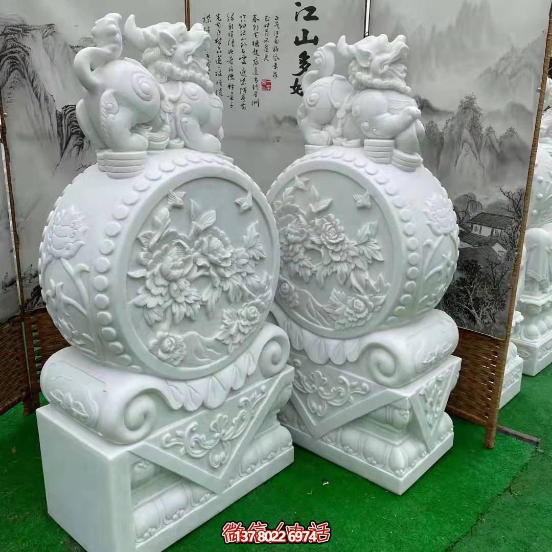 天然優(yōu)質漢白玉浮雕麒麟抱鼓石，裝點你的庭院門口