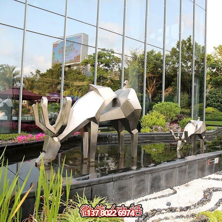 精致雕塑，幾何鏡面不銹鋼鹿，點(diǎn)綴精致水景小品