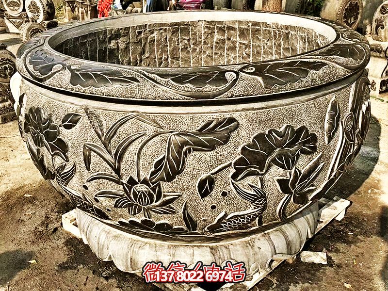 精美大理石浮雕蓮花缸，現(xiàn)代庭院裝飾雕塑