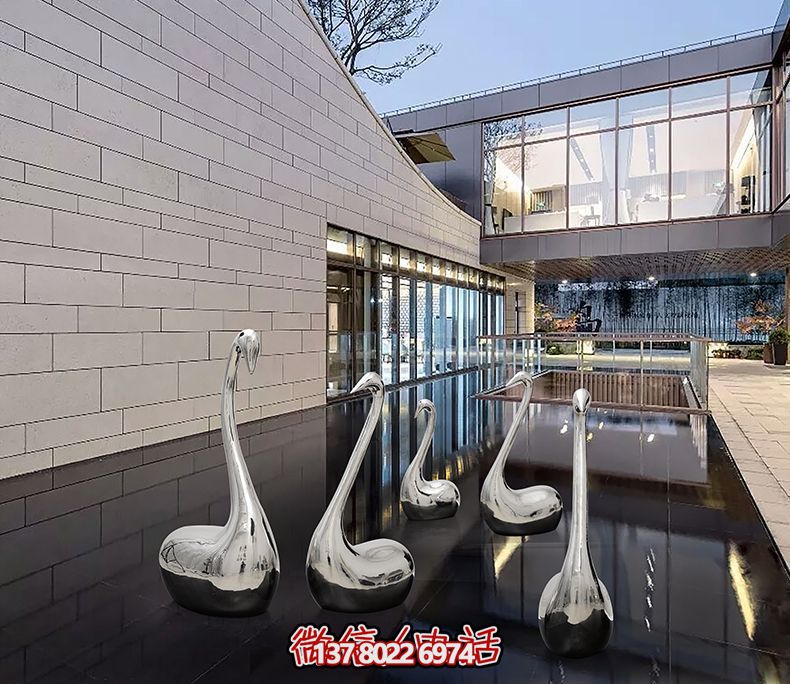 不銹鋼創(chuàng)意天鵝雕塑，鏡面水中裝飾別墅