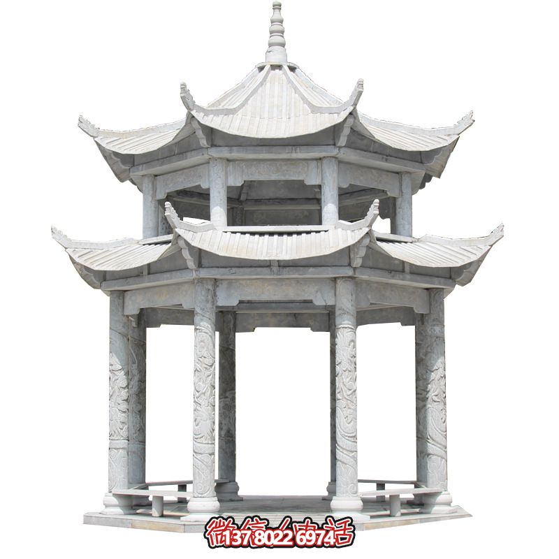 精美大理石雙層柱涼亭，雕塑點綴休息亭