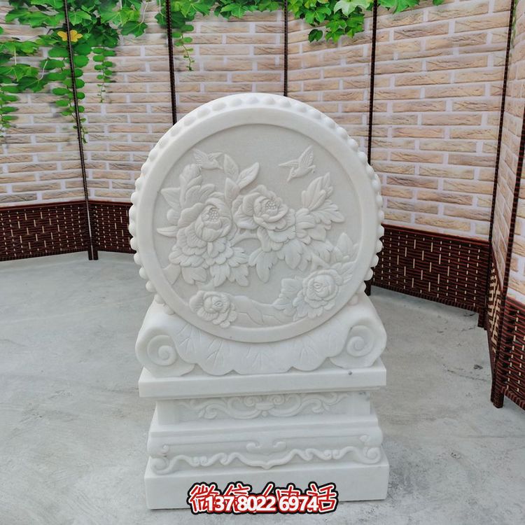 中式風格天然漢白玉石雕抱鼓浮雕門墩，花開富貴