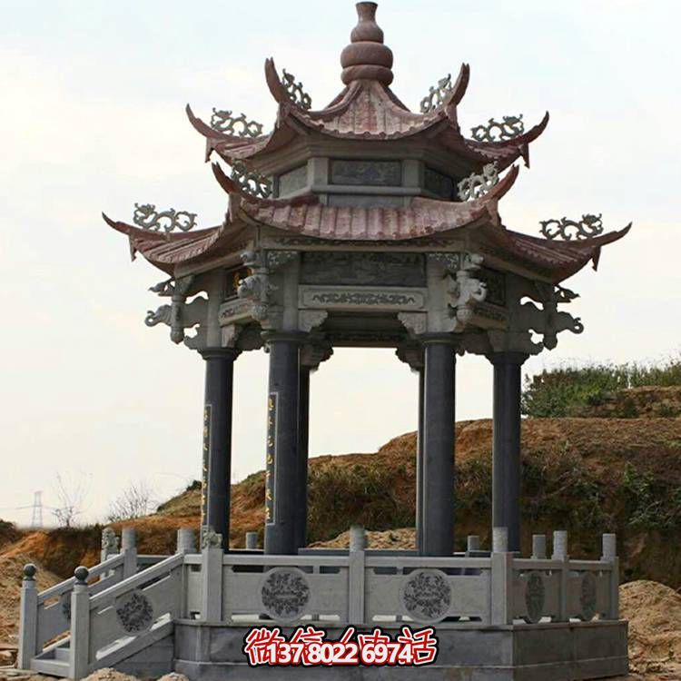 古典風格二層涼亭，青石雕刻仿古園林戶外擺放