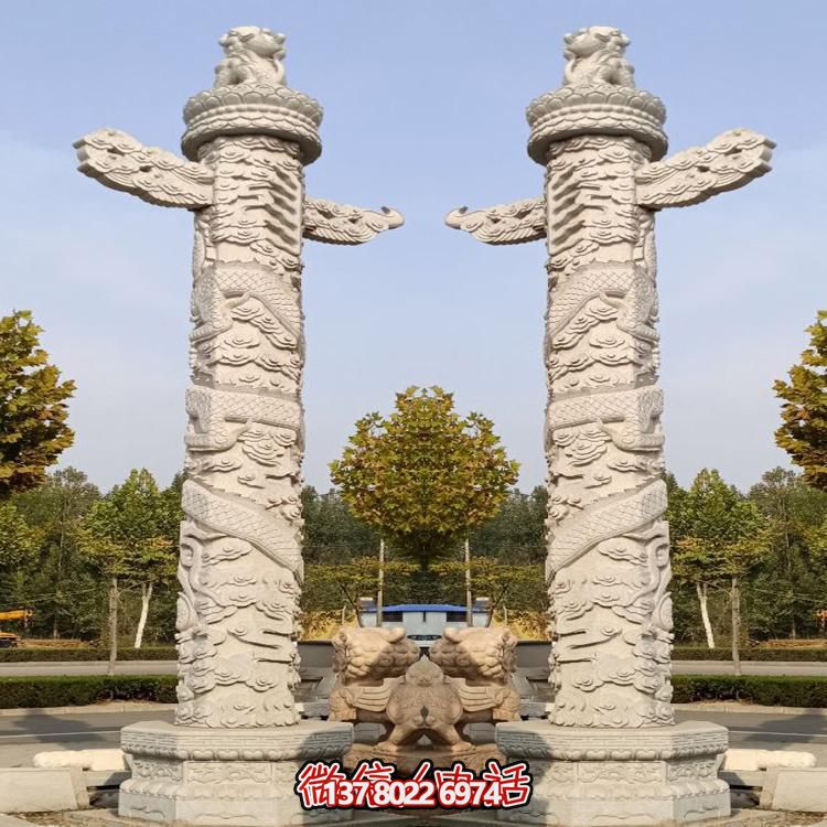 精美大理石手工雕刻龍紋華表雕塑，點(diǎn)綴廣場美景