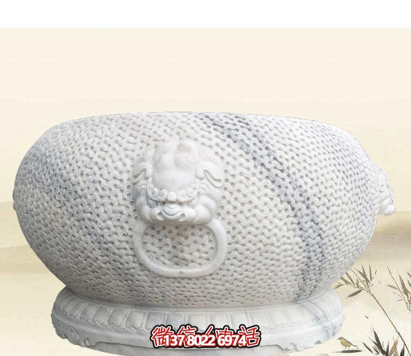 精美狴犴圓形雕塑，點(diǎn)綴庭院水缸浮雕