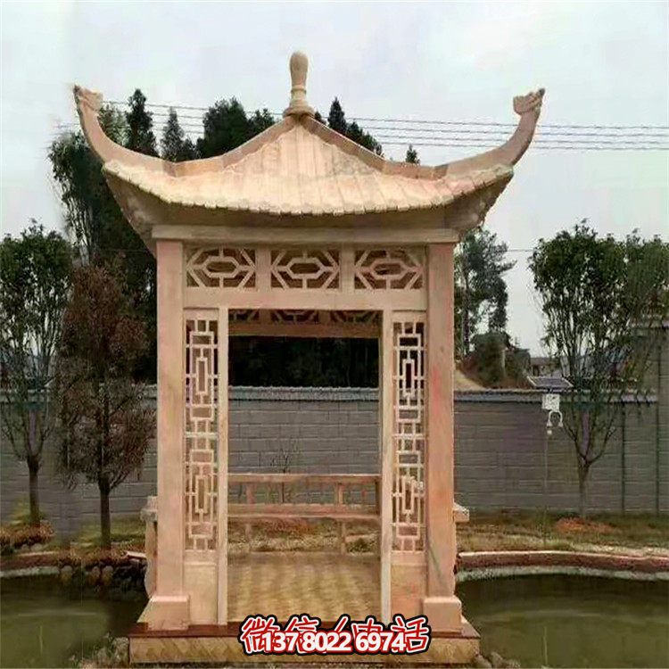 紅石雕鏤涼亭，晚霞中空中創(chuàng)意雕塑