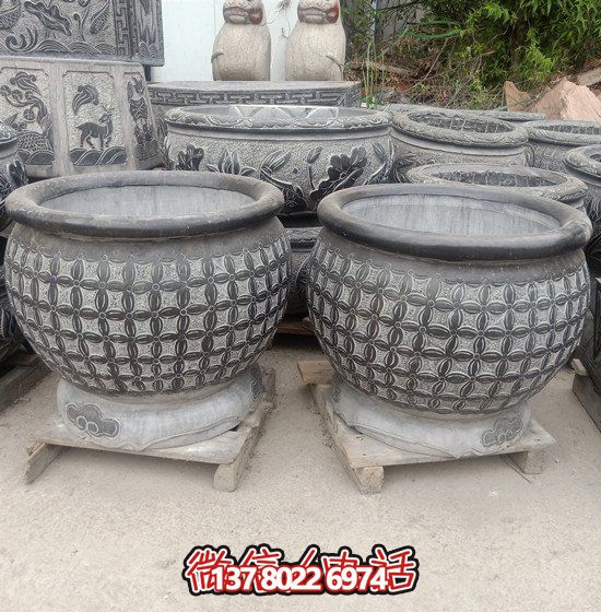 自然美學(xué)結(jié)合青石石雕、浮雕、編織、雕塑的戶外園林魚缸