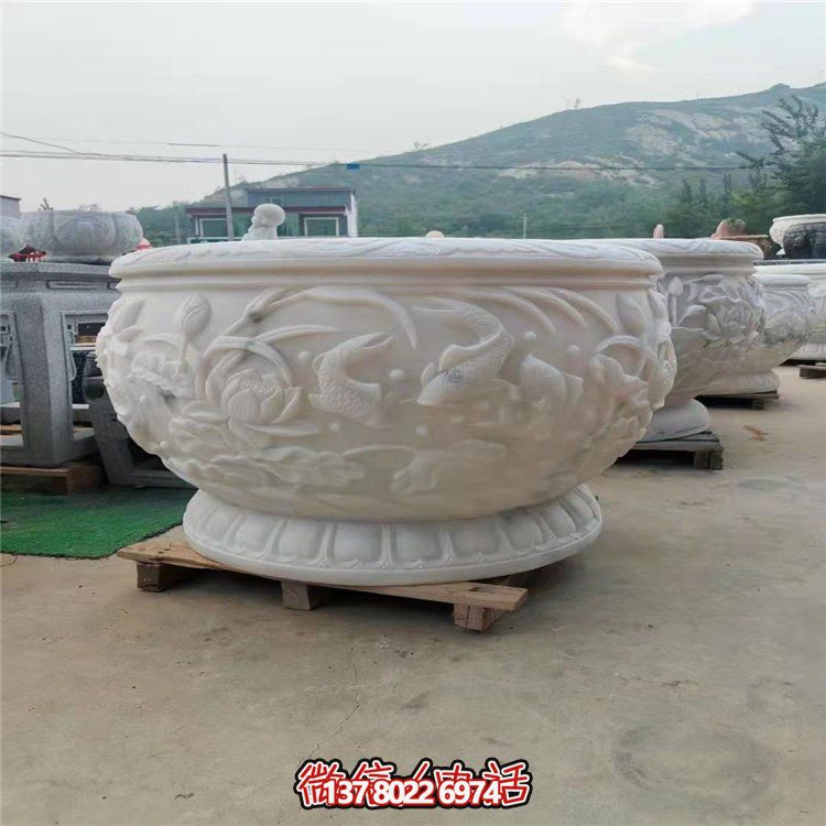 古典經(jīng)典，漢白玉鯉魚雕刻圓形水缸