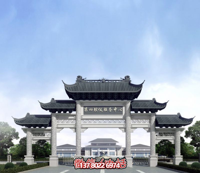 一座新式殯儀館五門景觀、青瓦斗拱、牌樓等高雅裝飾