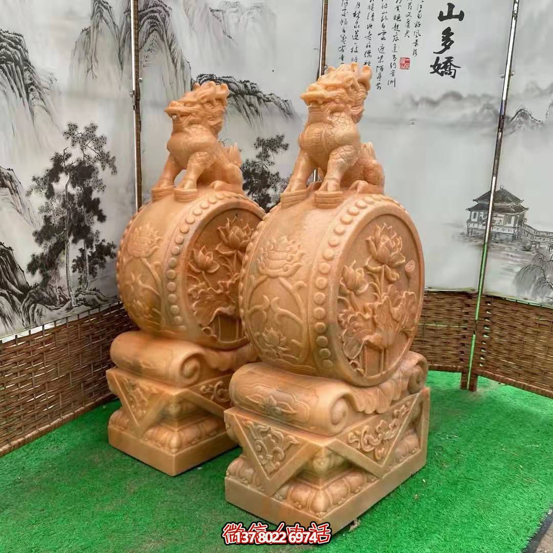 麒麟抱鼓石，晚霞紅荷花門墩